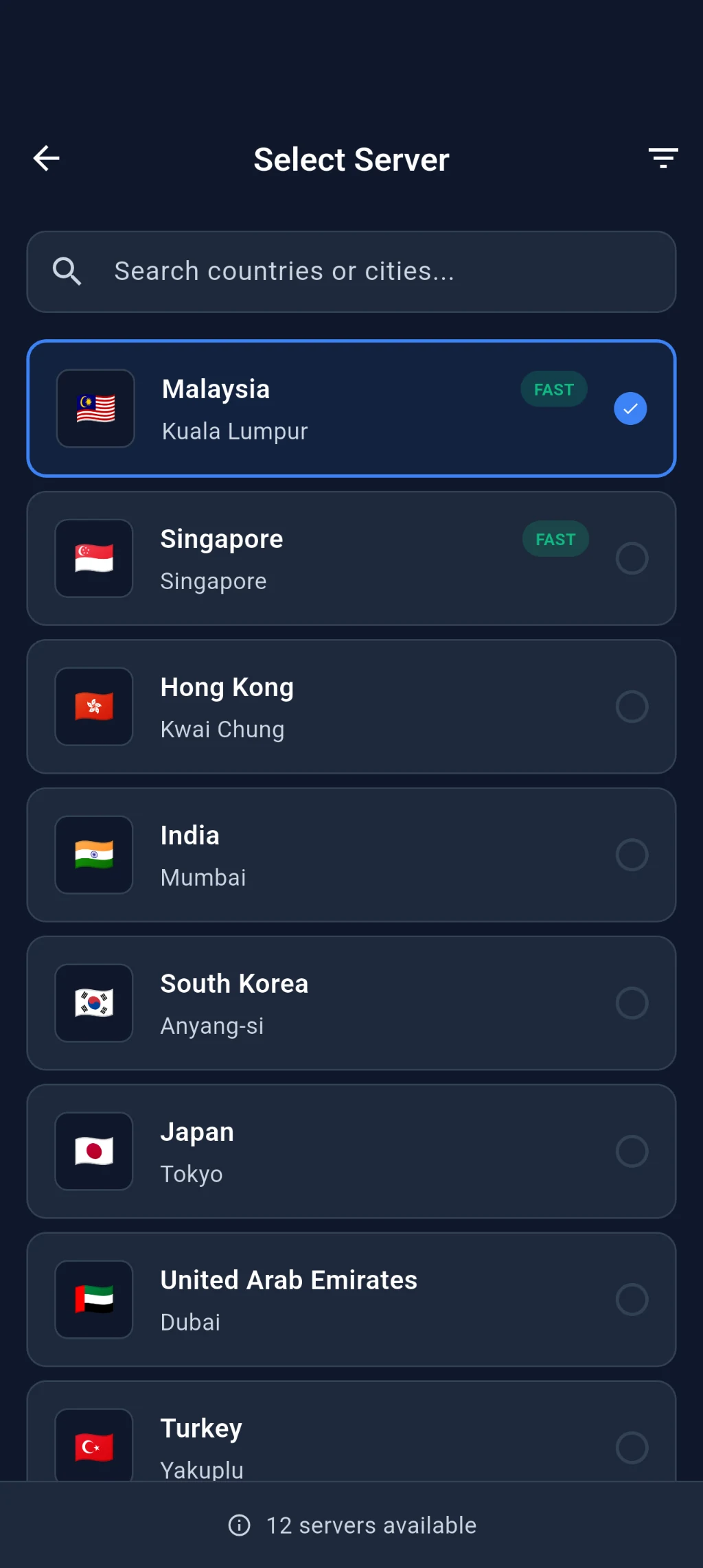 SXP VPN server selection screen