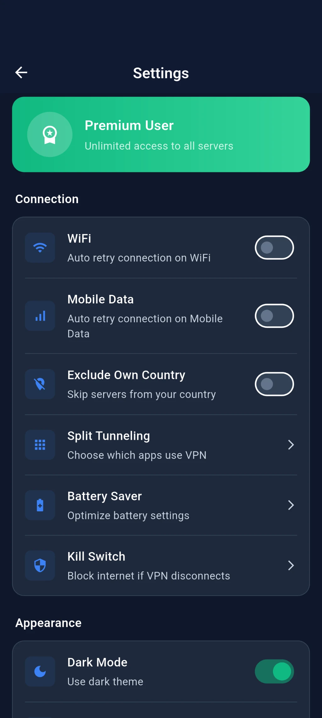 SXP VPN settings screen